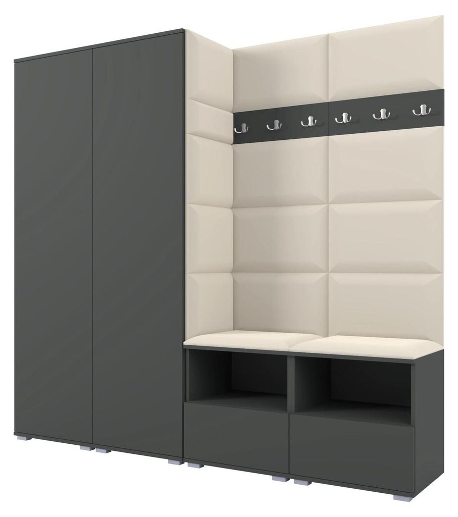 Garderobe NELA VI 200 cm Kompaktgarderobe Graphit mit Sitzpolster Creme 01 (Schrank & Paneel)