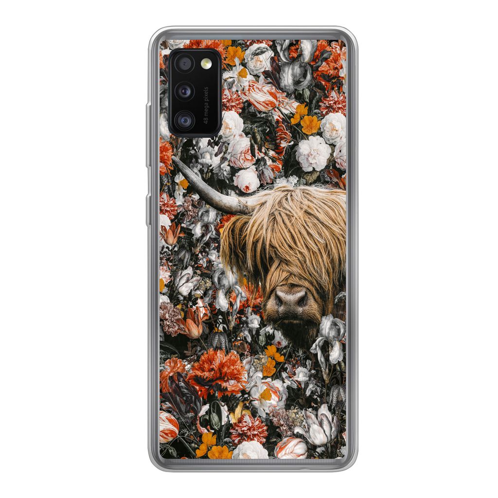 MuchoWow Handyhülle Schutzhülle Hülle für Samsung Galaxy A41 Schottischer Highlander - Blumen - Orange Silikon Softcase Handy Hülle - Mobilt...