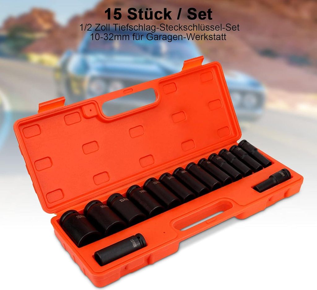 15-teiliges Schlagschrauber Nuss Set 1/2 Zoll 12,5mm - 10-32mm - Zum Lösen und Entfernen von Schrauben