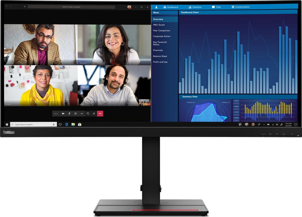 A computer monitor displaying a video conference and data charts.
