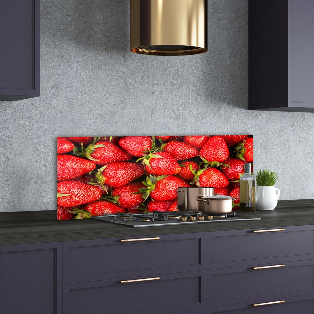 Tulup Küchenrückwand Spritzschutz aus Glas -125x50 -Spritzschutz auf gehärtetes Glas Deko Essen & Getränke Erdbeeren