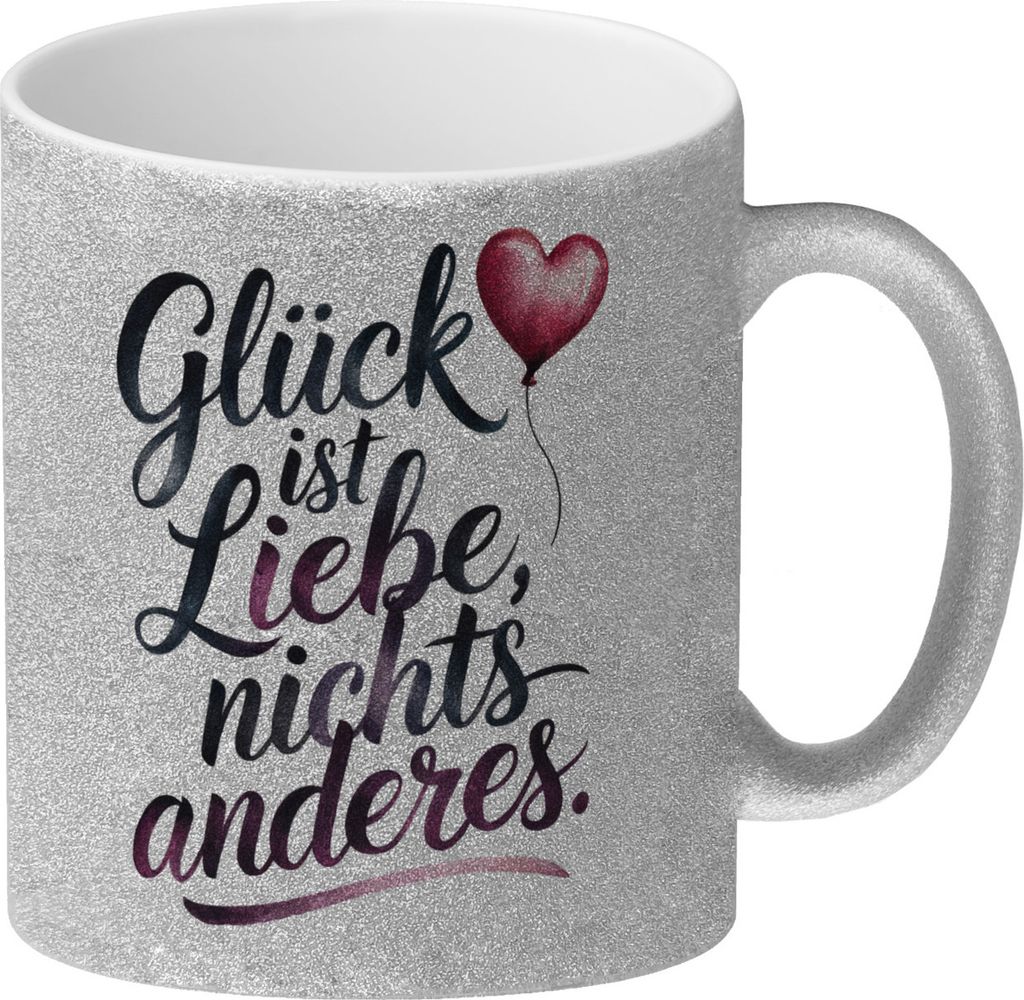Glück ist Liebe Glitzer-Kaffeebecher Herz Luftballon