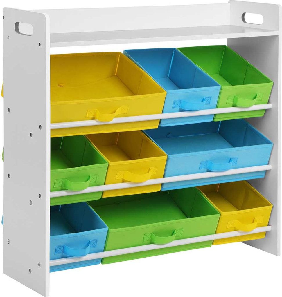 Kinderregal mit bunten Kisten