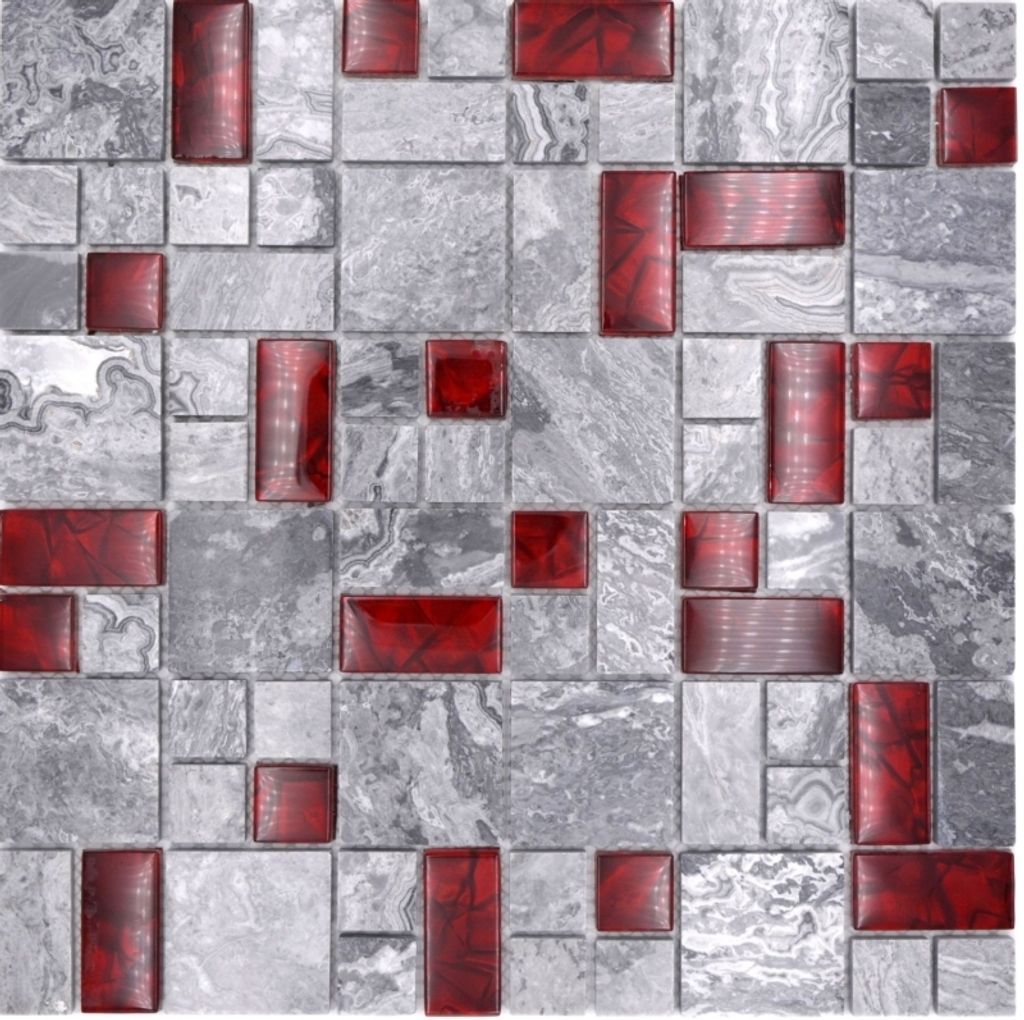 Naturstein Glasmosaik grau mit rot glänzend Wand Boden Küche Bad Dusche - MOS88-0409_f