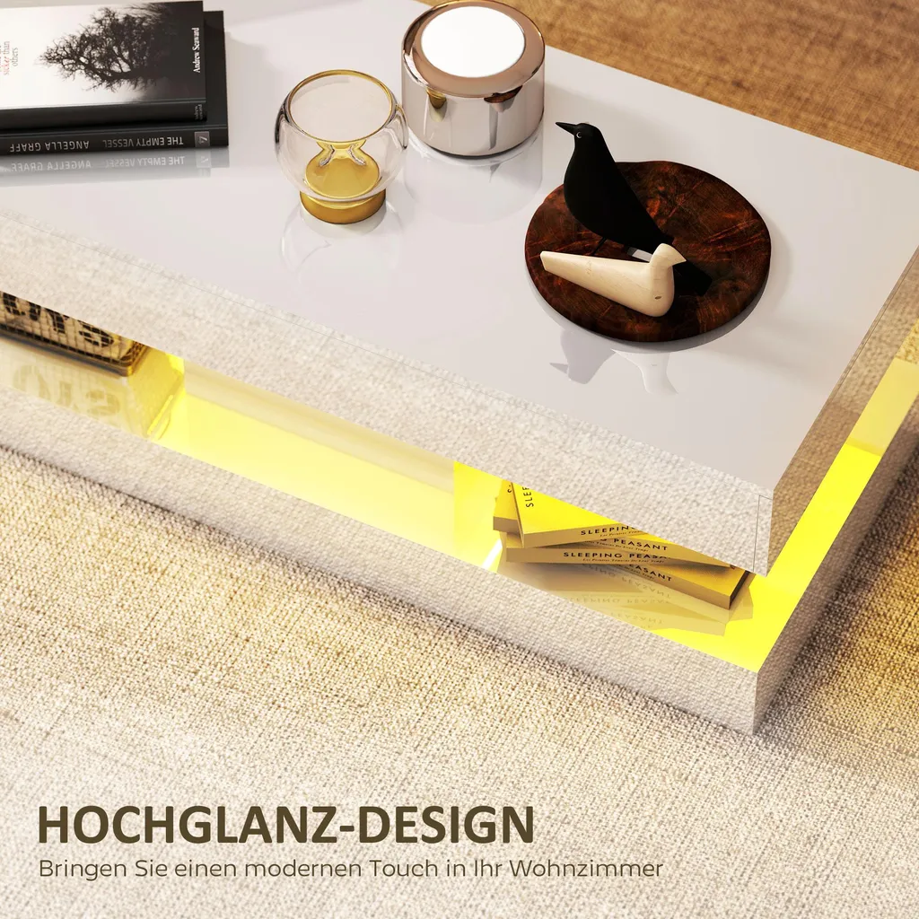 Table basse design laquée avec LED intégrées et étagère de rangement