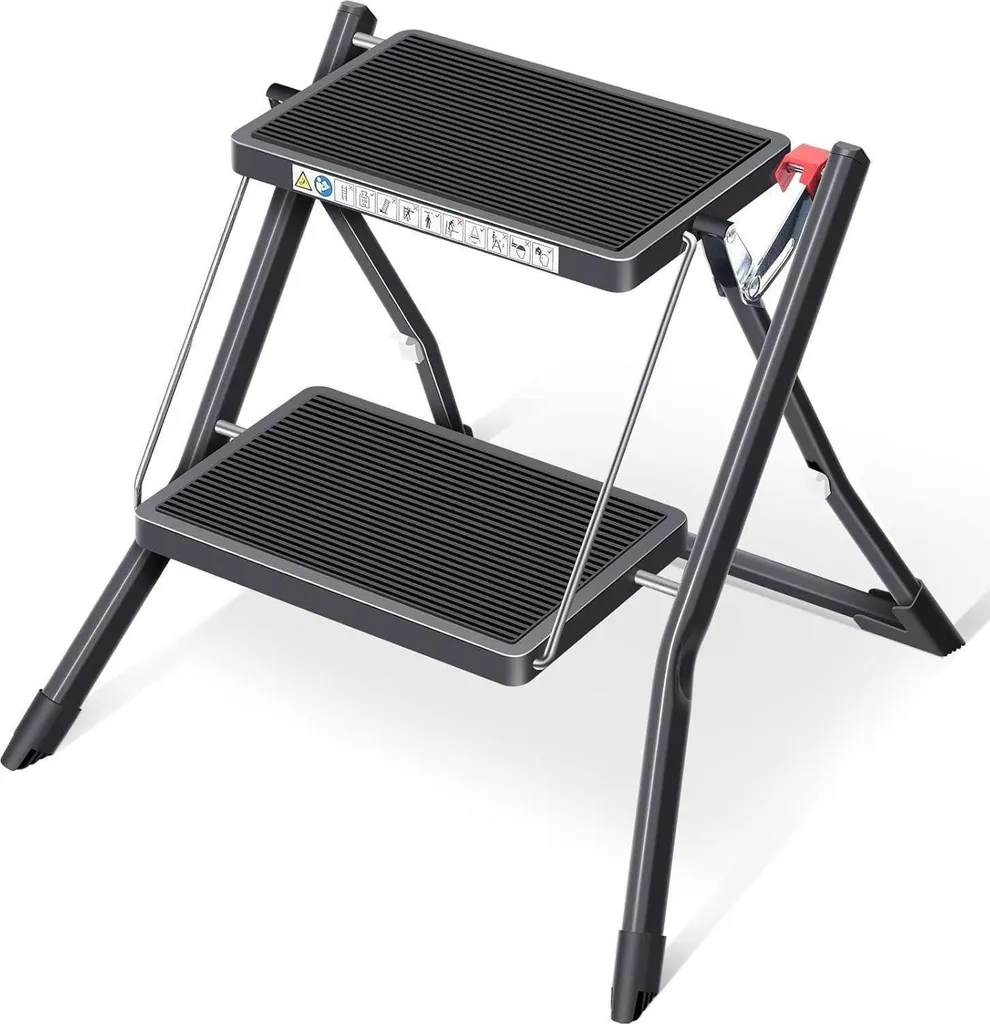 Escabeau 2 marches pliant stable 150kg - Marchepied noir gain de place