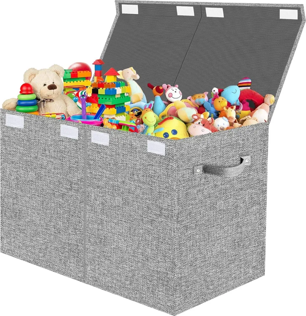 Coffre à jouets avec couvercle en tissu Oxford gris de 62 x 33 x 40 cm