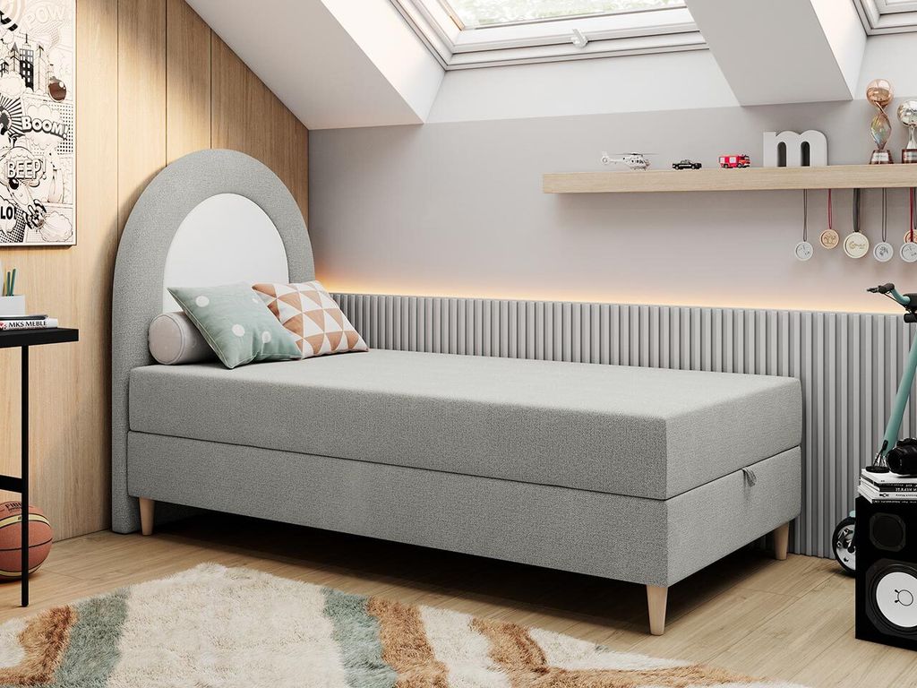 Kinderbett, Boxspringbett für Kinder, Einzelbett mit Matratze - NEST - 90x160cm - Hellgrau - H3