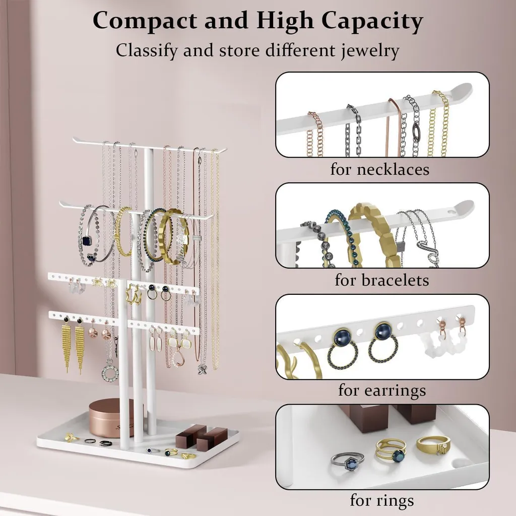 Organiseur Bijoux 32cm Blanc 4 Niveaux - Support Colliers et Boucles - 2