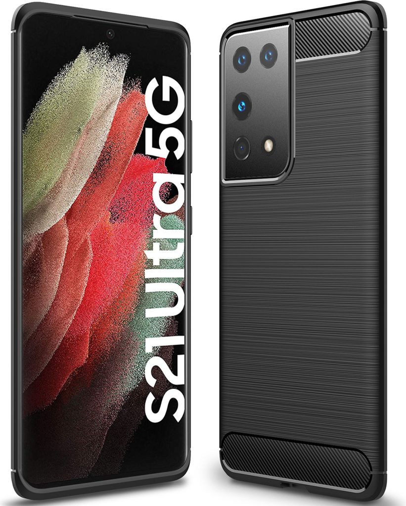 Samsung Galaxy S21 Ultra 5G Hülle, LaimTop Carbon Fibre TPU Silikon Stoßfest Schutzhülle für Galaxy S21 Ultra 5G Schwarz