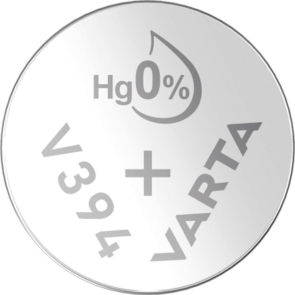 A close-up, top-down view of a silver coin-shaped battery.