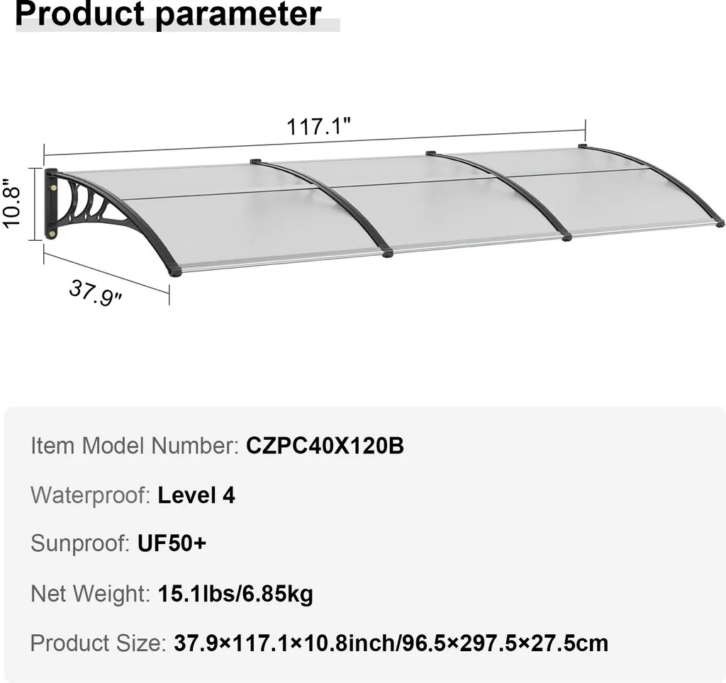 Tettoia per porta d'ingresso 965 x 2975 mm Tettoia UF50+ PC pellicola di protezione solare Tettoia per porta d'ingresso lastra PC + staffa ABS + connettore in alluminio Tettoia per porta d'ingresso resistente ai raggi UV Tettoia per porta d'ingresso Tettoia per porta d'ingresso - 7