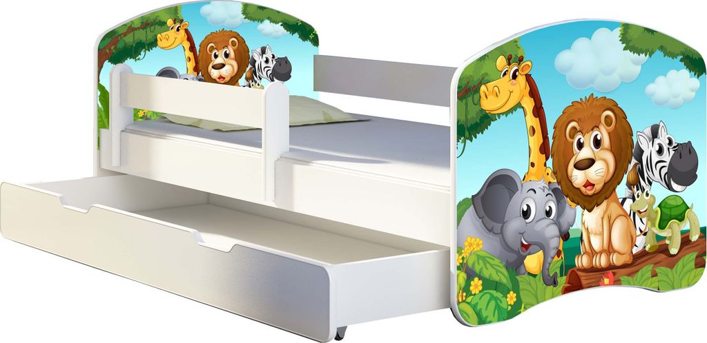 ACMA Jugendbett Kinderbett Junior-Bett Komplett-Set mit Matratze Lattenrost und Rausfallschutz Weiß 02 Animals 180x80 + Bettkasten