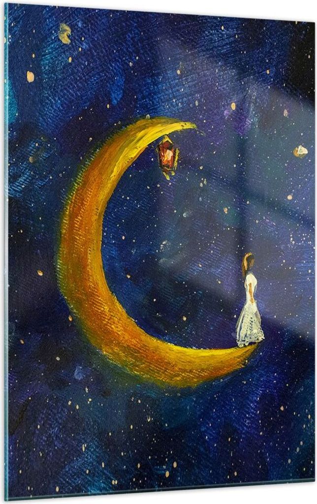 Bilder auf glas - Einteilig - Mädchen auf der Mond - 50x70cm - Glasbilder - Wandbilder - Bilder - zum Aufhängen bereit - Wanddekoration aus Glas ...