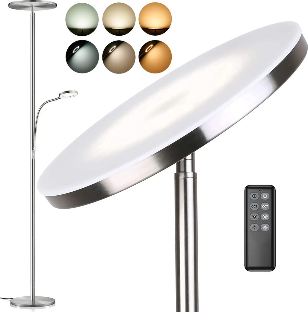 Anten Deckenfluter mit Leselampe 35W Dimmbar Led Stehlampe mit Fernbedienung 3000K-6000K, Helligkeit Stufenlos Einstellbar, für Wohnzimmer Büro