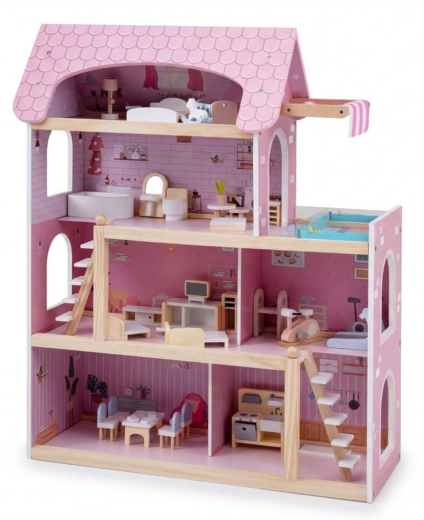Een houten poppenhuis met 33 meubelstukken, een balkon en Productafbeelding 