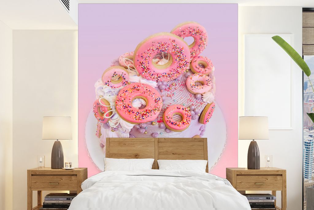 MuchoWow Fototapete für Wohnzimmer oder Schlafzimmer Wandtapete Vinyl Motivtapete Geburtstagskuchen mit Donuts - 205x280 cm - Wandbild