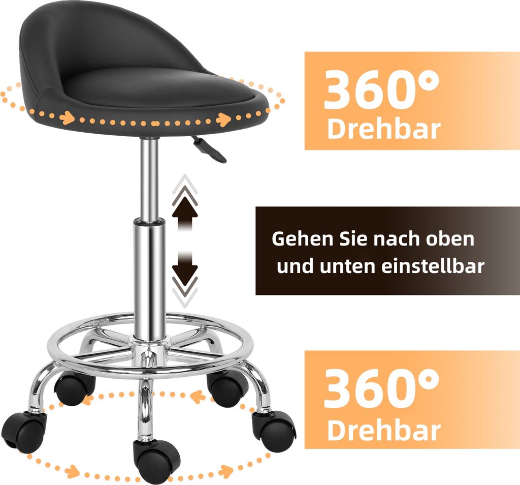 2 Rollhocker Höhenverstellbar 49-64 Cm, Schwarz – Mit 5 Rollen, Kunstlederbezug, Gasfeder Bis 120 Kg