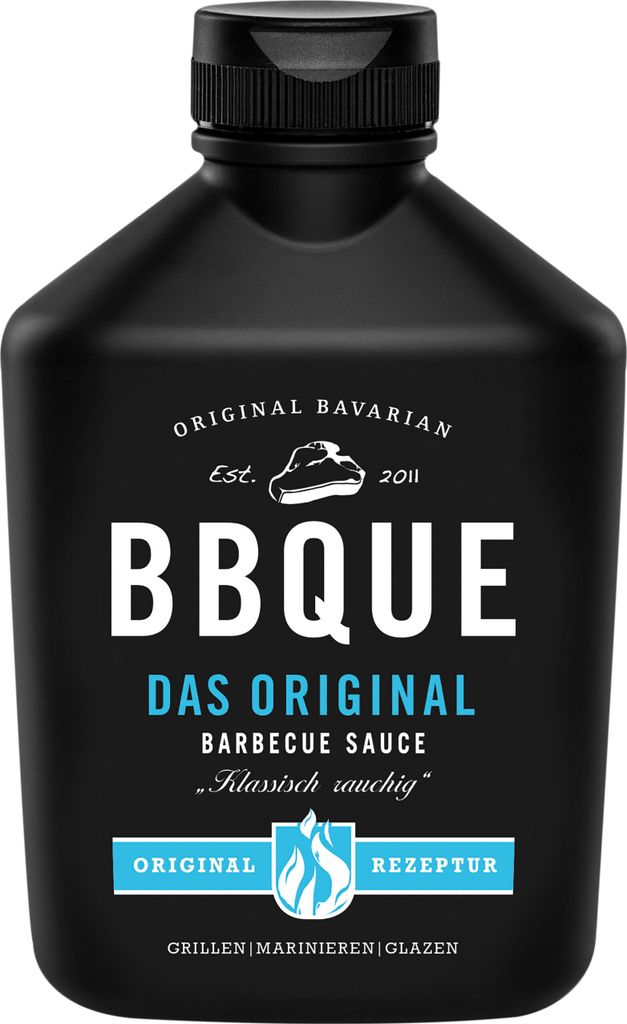 A black bottle of barbecue sauce.