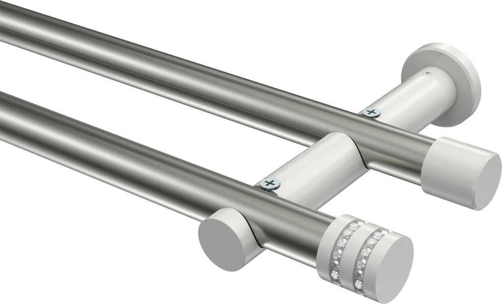 Interdeco Gardinenstange / Vorhangstange Edelstahl-Optik / Weiß, Typ Platon Estana (Glitzerkappe) ohne Ringe, 20 mm Ø 2-läufig, 160 cm