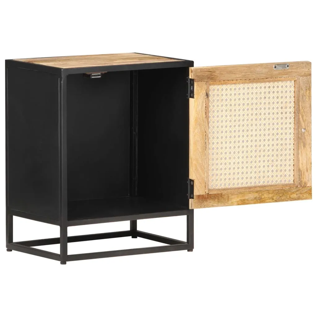Table de Chevet 40x30x50 cm Bois de Manguier Brut et Rotin Tressé