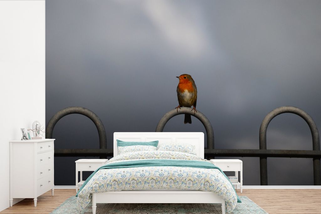 MuchoWow Fototapete für Wohnzimmer oder Schlafzimmer Wandtapete Vinyl Motivtapete Rotkehlchen - Vogel - Zaun - 330x220 cm - Fototapeten