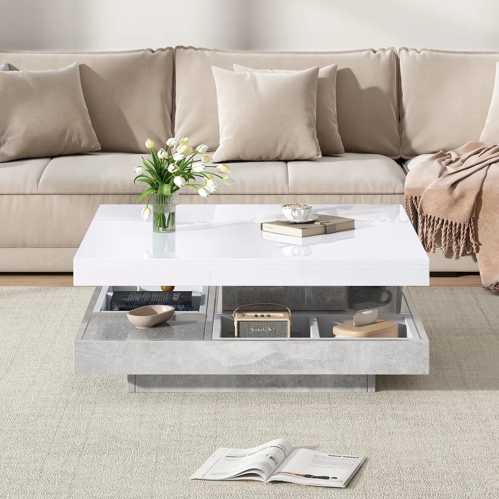 Table Basse de Salon Rotative Blanche Design Moderne avec Compartiments