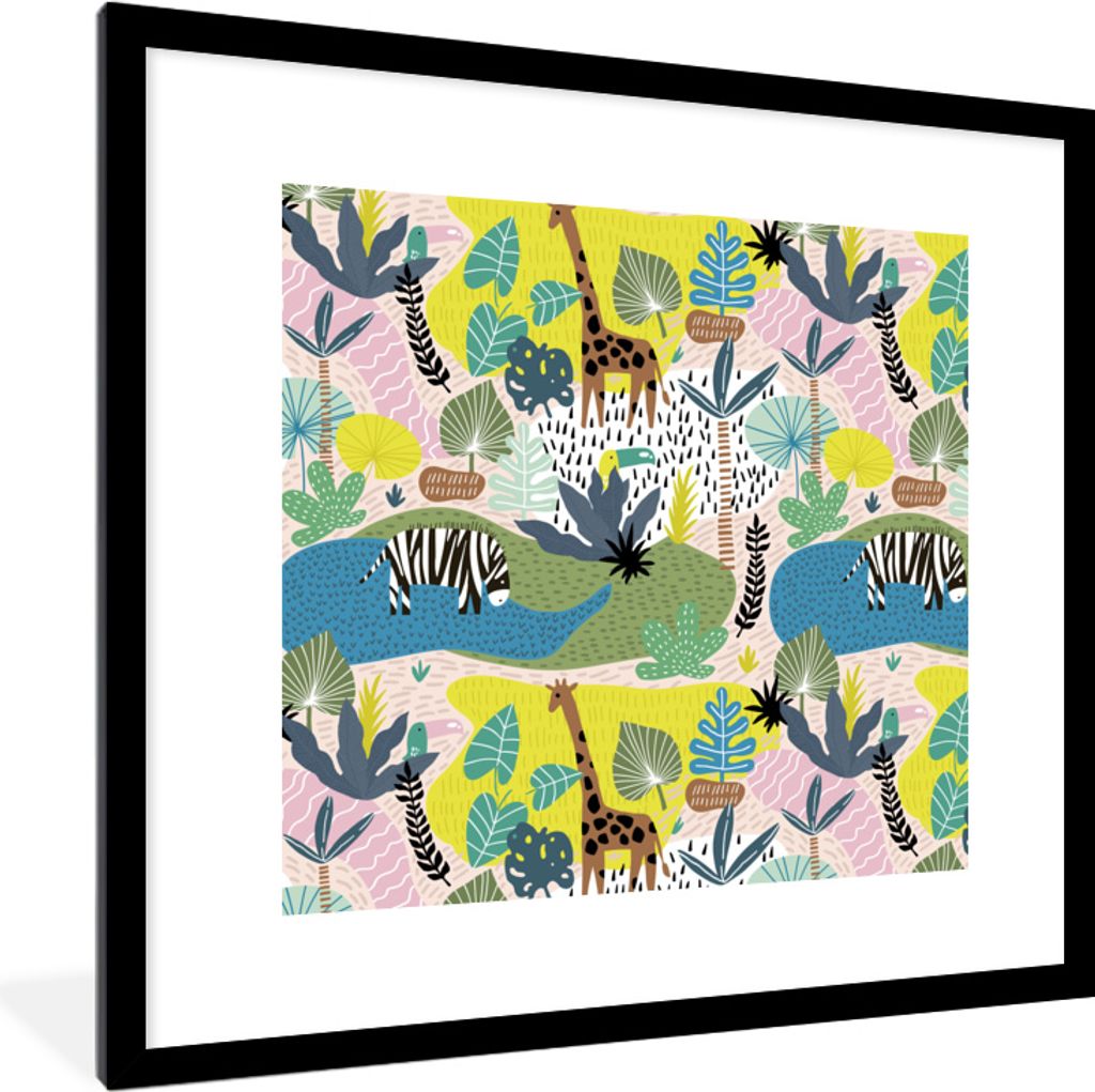 MuchoWow MuchoWow Gerahmtes Poster Dschungel - Tiere - Pflanzen - Farben 40x40 cm - Poster mit zchwarzem Bilderrahmen - Poster - Plakat im Rahmen