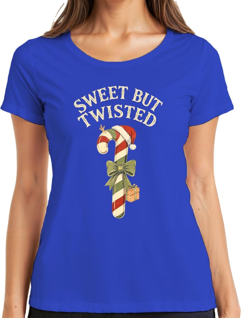 Sweet But Twisted Zuckerstange Xmas Schleife Geschenk Retro Santa Damen T-Shirt, Blau, L