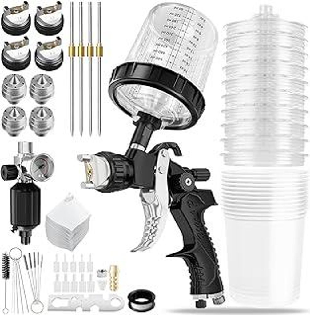 HVLP Lackierpistole Spritzpistole Kit mit 1,4/1,7/2,0/2,5mm Düsen & Luftdruckregler für Lackierpistole, Druckluft Schwerkraft Sprühgeräte mit 6...
