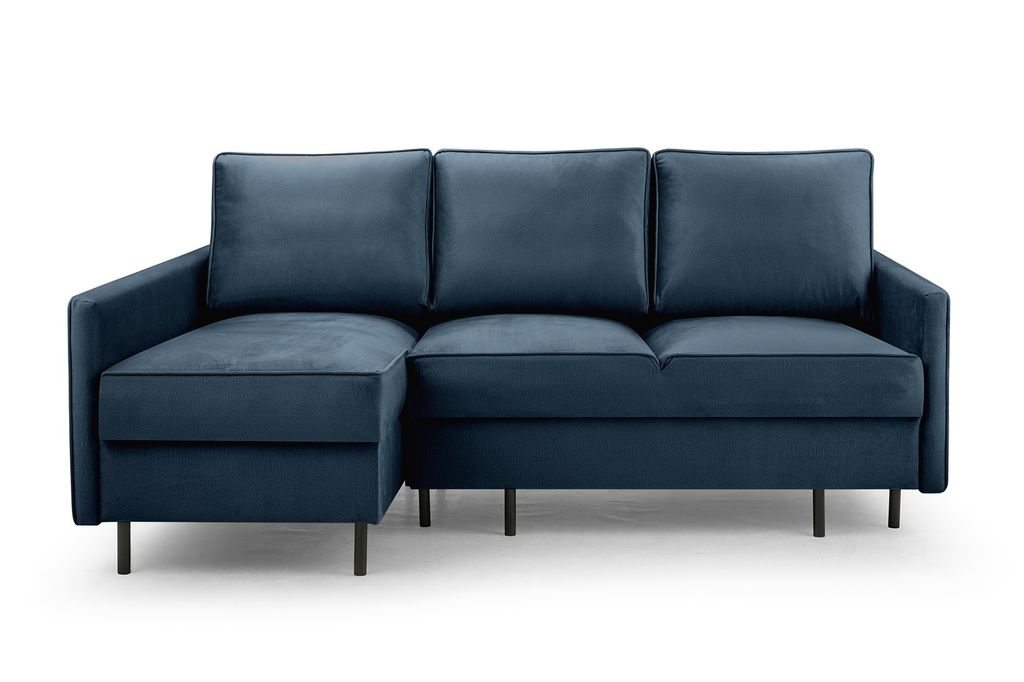 BETTSO Ecksofa mit Schlaffunktion und Bettkasten Scandinavian Design Couch Sofagarnitur Couchgarnitur Polsterecke Cord stoff EMMA Dunkelblau Links