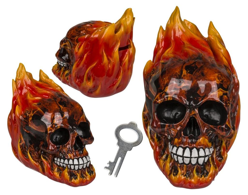OOTB Spardose mit Schloss Totenkopf mit Feuer Produktbild 