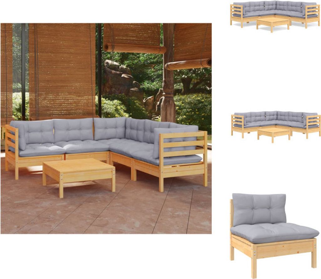 vidaXL 6-tlg. Garten-Lounge-Set mit Grauen Kissen Kiefer Massivholz - Gartenmöbel-Sets