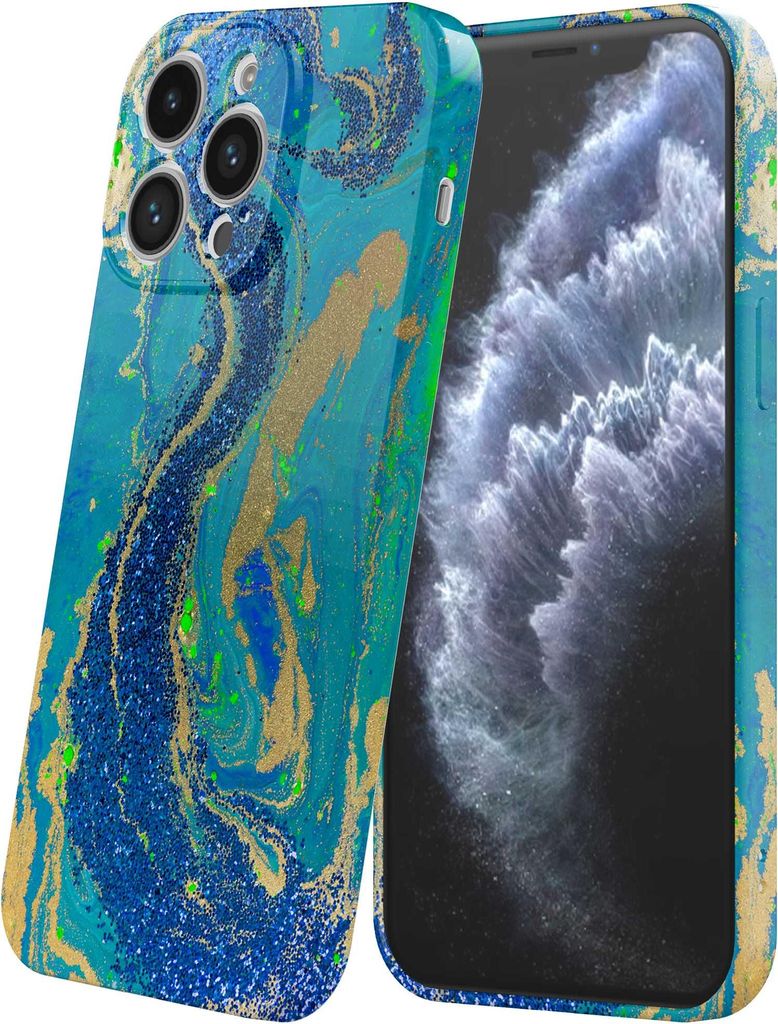 Smartphonica Handytasche geeignet für iPhone 11 Pro mit Blau Grün Gold Marmor Print - Flexible Softcase TPU - Backcover Case Blau Grün Gold Marm...