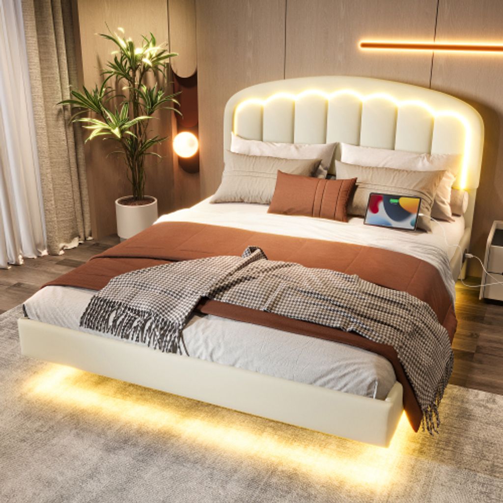 AIORBER Schwebendes Bett,160x200cm,mit Blütenkopfteil, LED-Lichtleiste mit 16 Farben,USB- & Type-C-Anschluss,Stauraum unter dem Bett,Metallrahmen,...