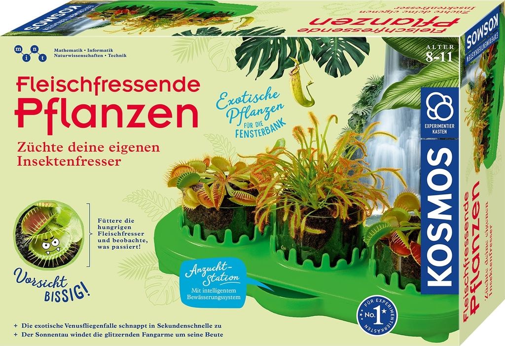 The image shows the packaging of a KOSMOS Fleischfressende Pflanzen (Carnivorous Plants) kit, featuring illustrations of the plants and the cultivation station.