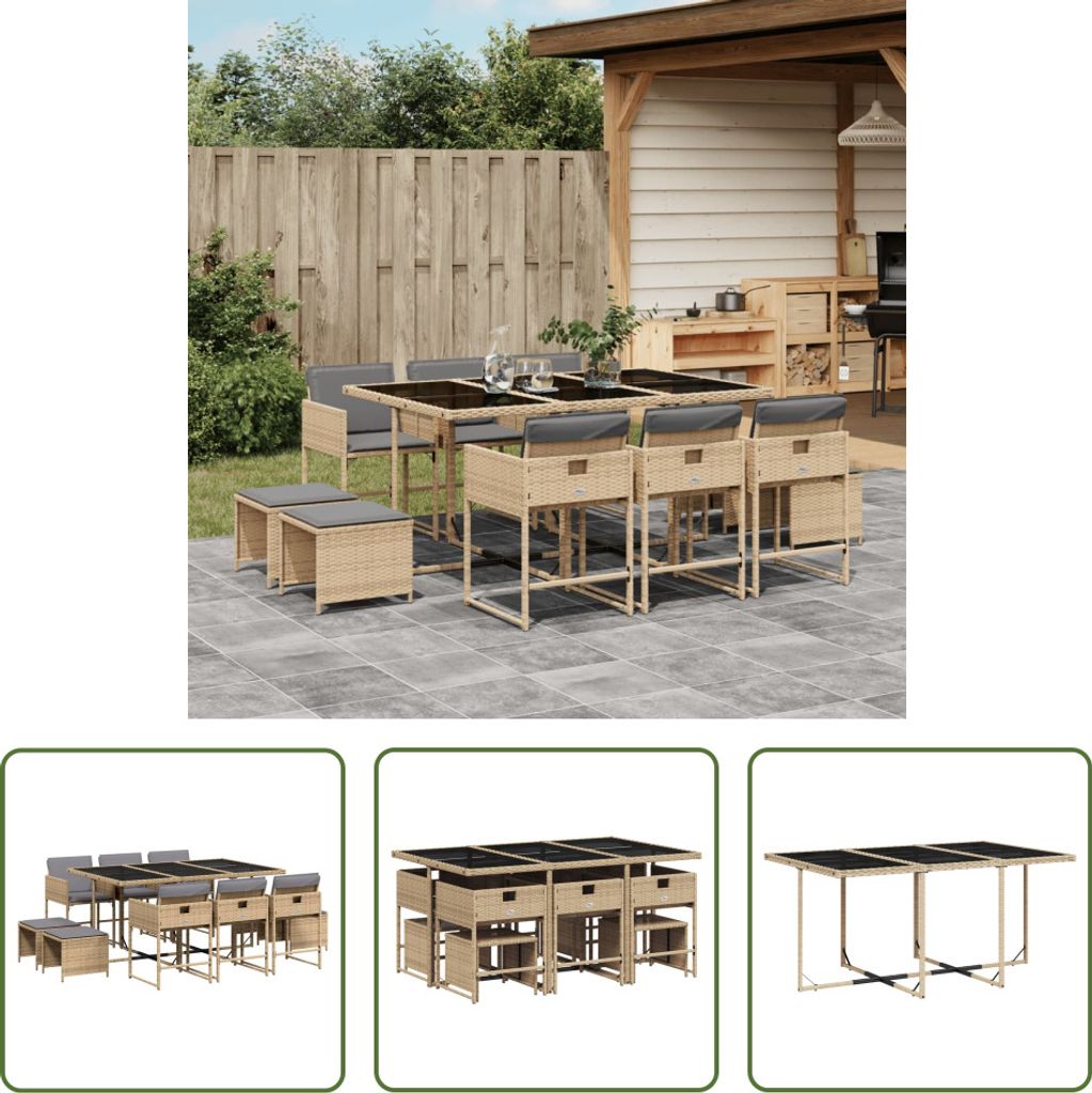 The Living Store 11-tlg. Garten-Essgruppe mit Kissen Beigemischung Poly Rattan