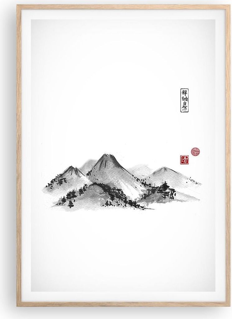 Gerahmtes Poster - Rahmen in heller Eiche - Zeichnen Asien Berge - 70x100 cm - Wand Bild - Wanddeko - Wandbilder - Wandposter - Bilderrahmen - Bild...
