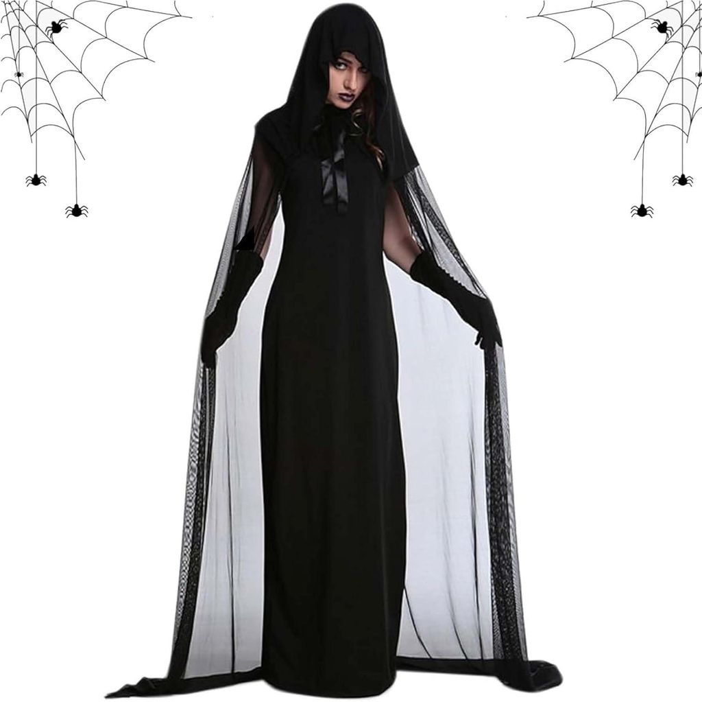 Damenkostüm Geist Wampir Brautjungferin Braut auf Halloween Langes Kleid Schwarz 2XL