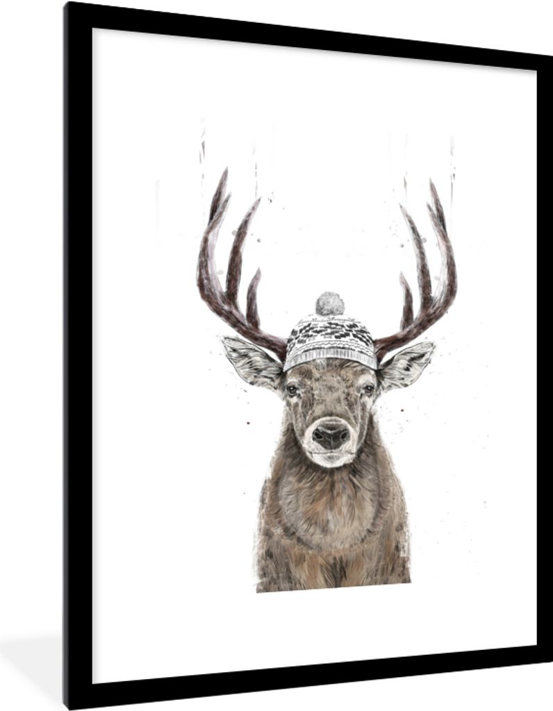 MuchoWow Gerahmtes Poster Hirsch - Winter - Hut - Geweih 60x80 cm - Poster mit Schwarzem Bilderrahmen Wandposter Rahmen Foto Bilder - Wohnzimmer ...