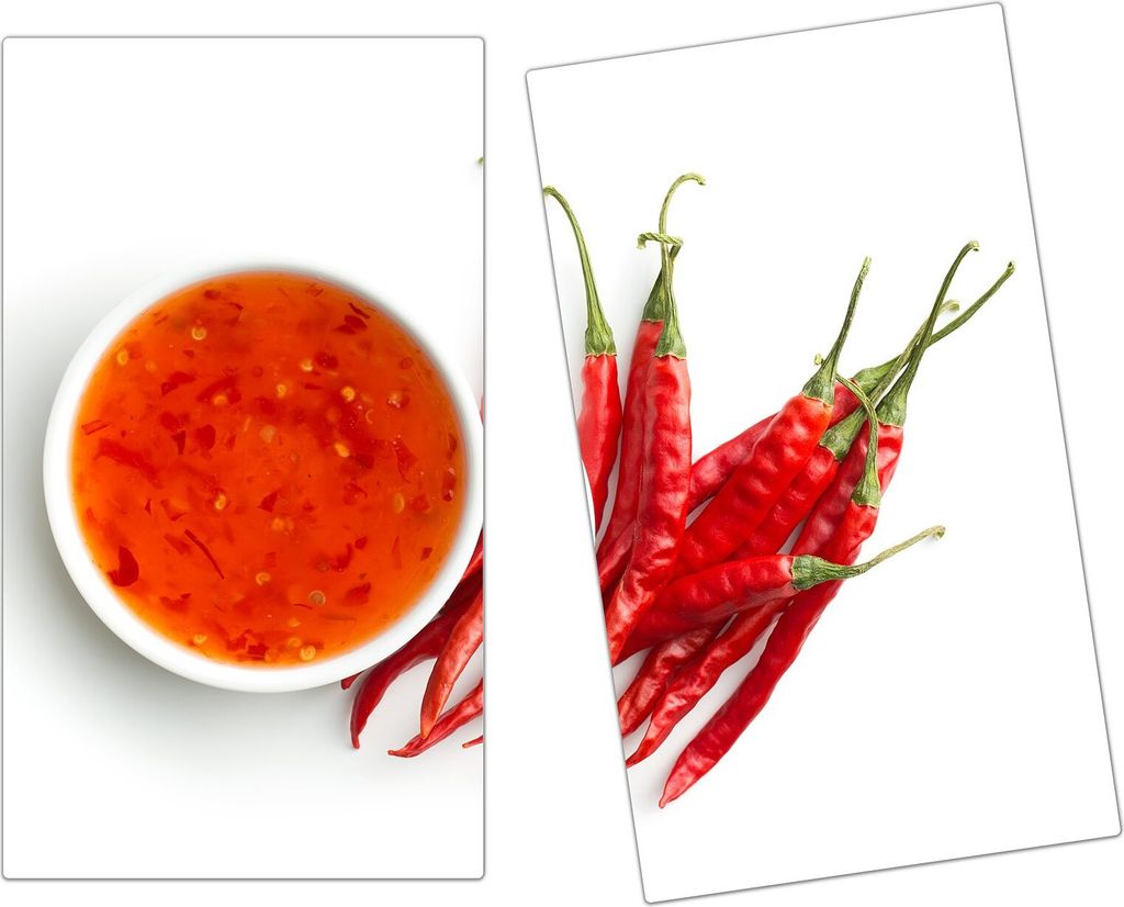 Spritzschutz Herdabdeckplatte Schneidebrett aus Glas Chilipulver in Schale 2-Teilig (60x52cm)
