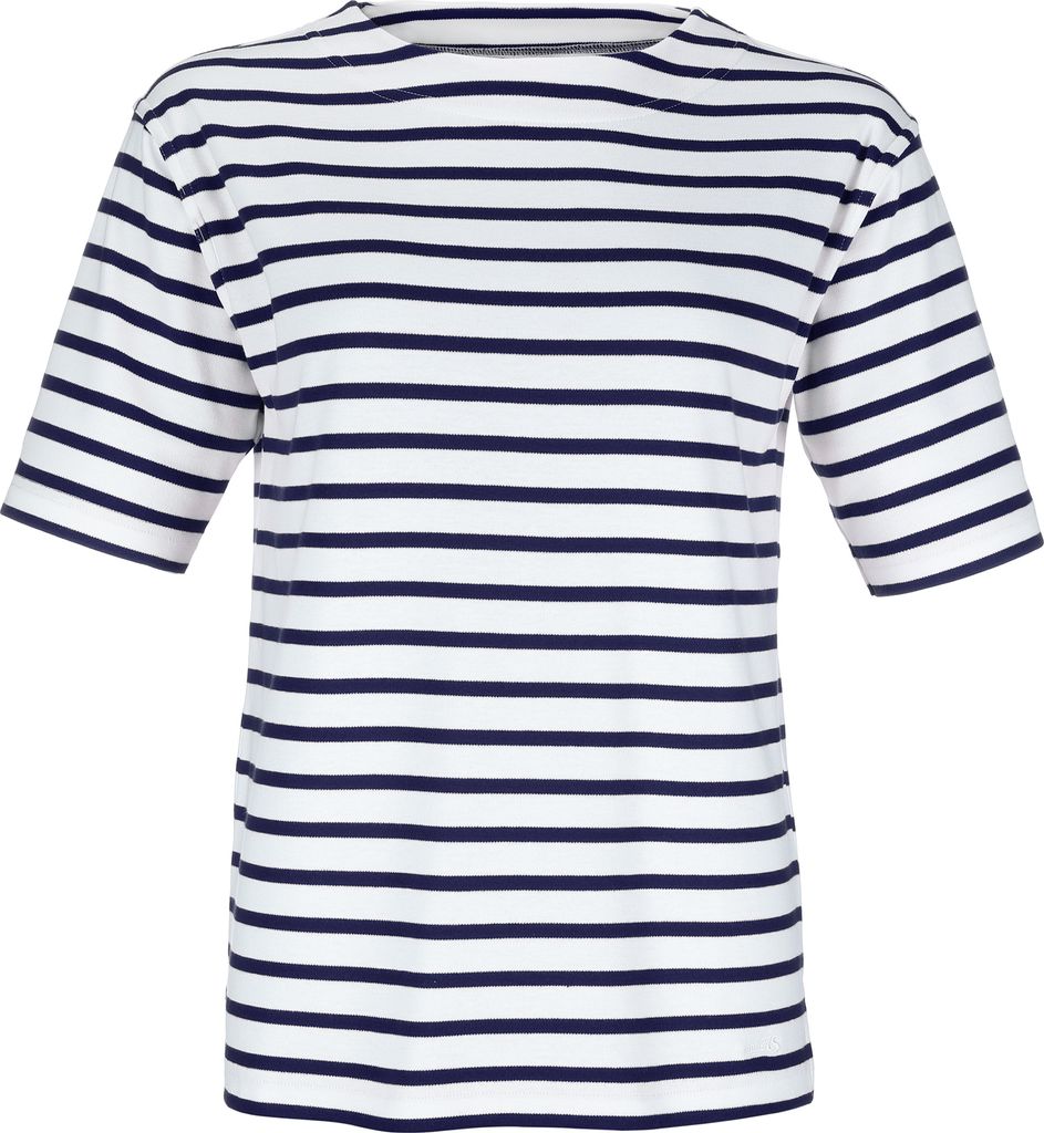 modAS Bretonisches Damen-T-Shirt mit U-Boot Ausschnitt - Ringelshirt Kurzarm Basic Shirt Gestreift aus Baumwolle in Weiß/Blau in Größe 54
