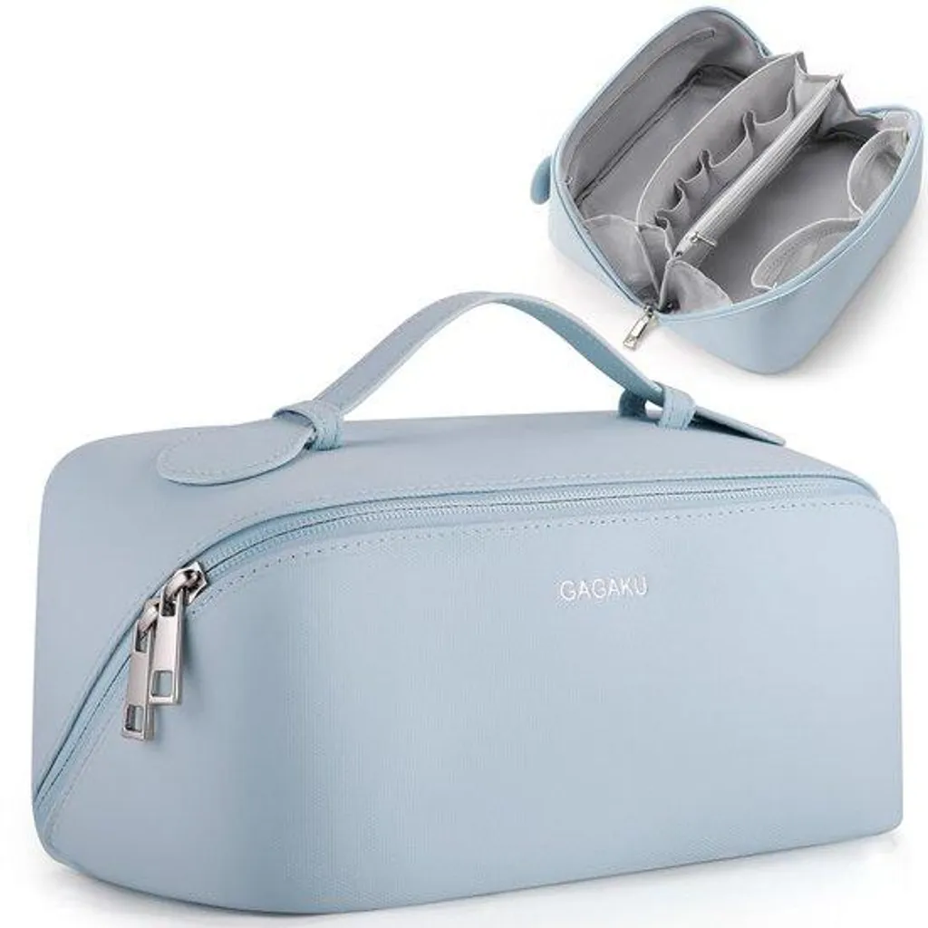 Trousse maquillage bleue XXL avec compartiments étanches de voyage