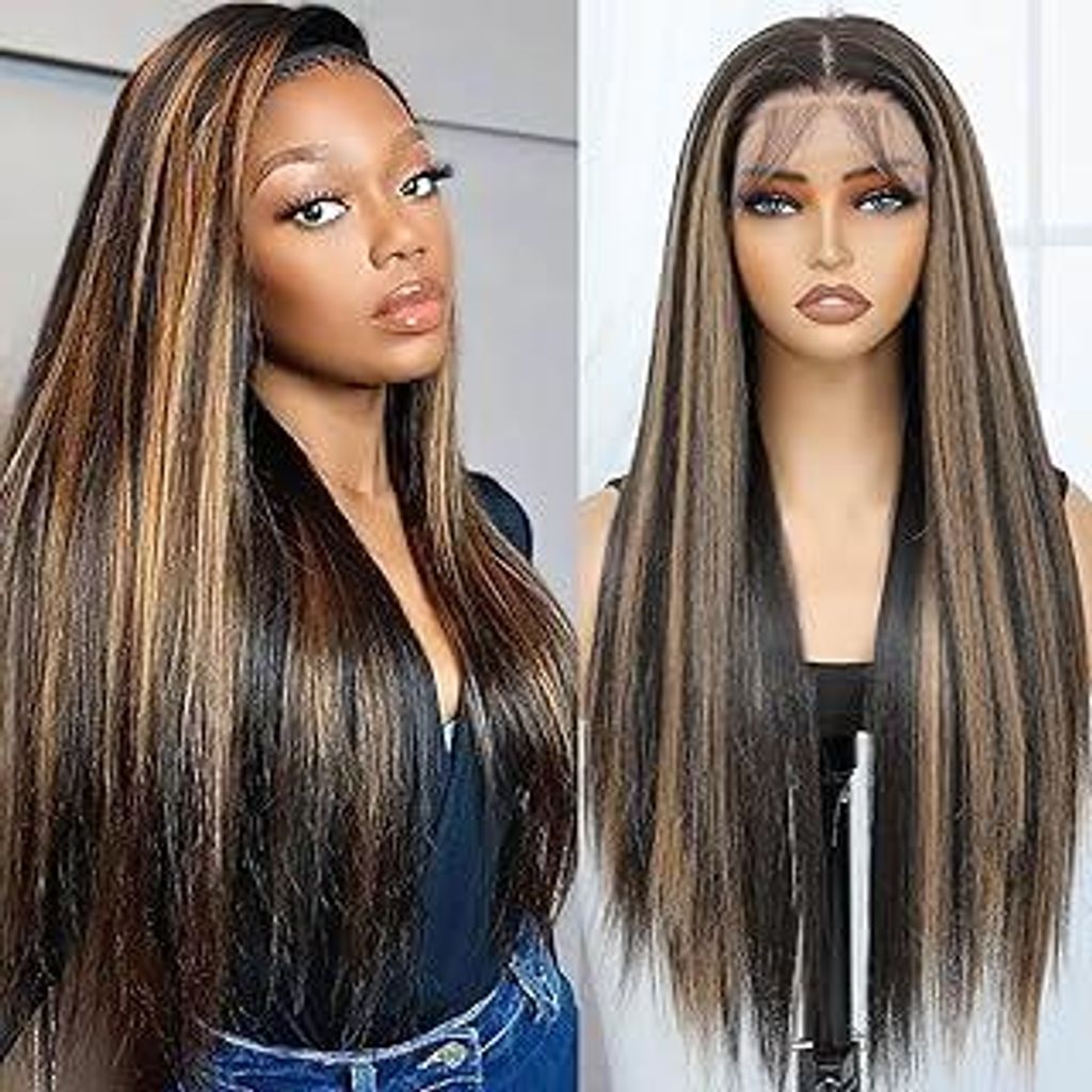 13x6 Synthetic Lace Front Wig - Glueless Ready to Wear 26 Synthetic Wigs for Black Women, Pre-Plucked Baby Hair Heat-Resistant Black Mix Brown Wig ...