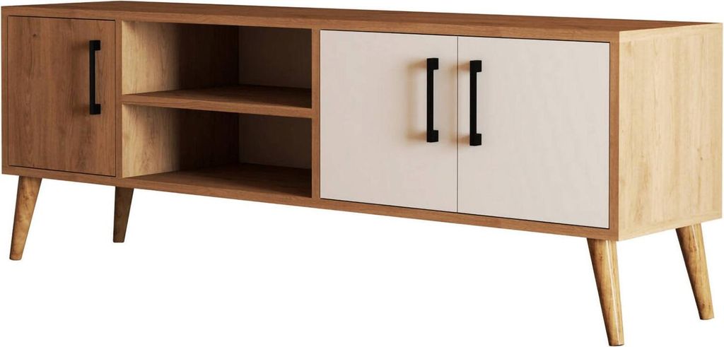 Fernsehschrank Brugine, Ständer für Wohnzimmerfernseher, Niedriges Wohnzimmer-Sideboard, TV-Ständerbasis, 150x34 h52 cm, Eiche und Weiß