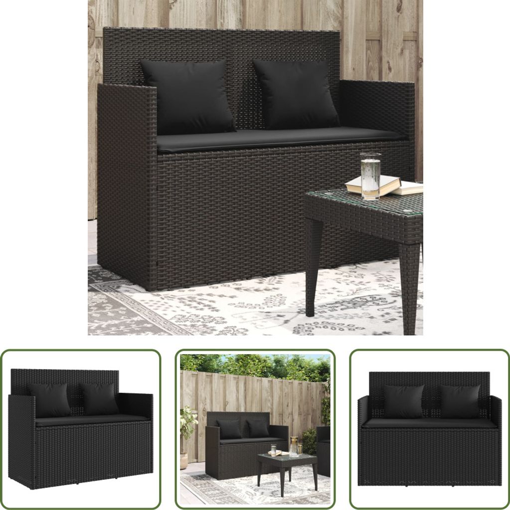The Living Store Gartenbank mit Kissen Schwarz Poly Rattan