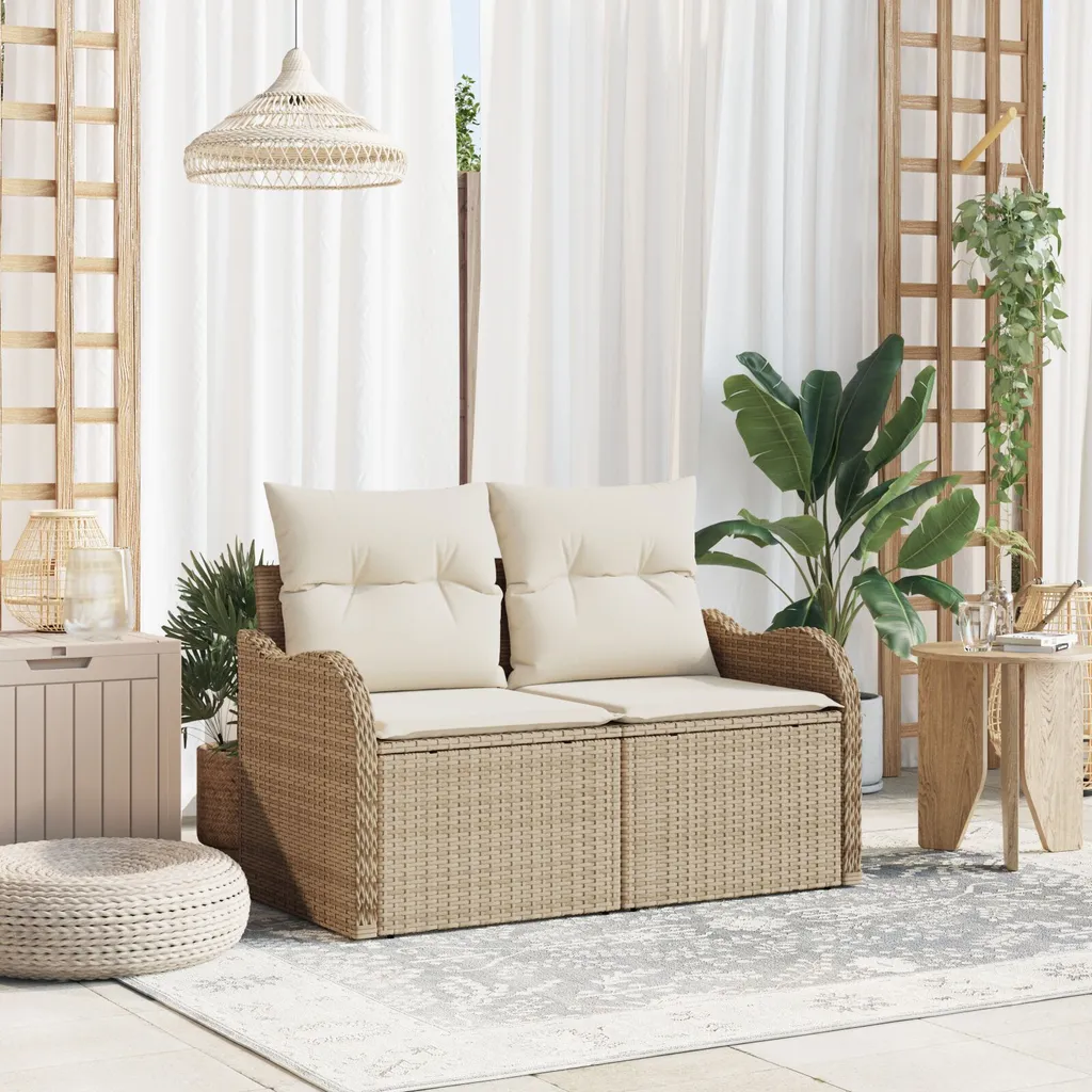Canapé de balcon 2 places avec rangement pour coussins, résine beige ZMH