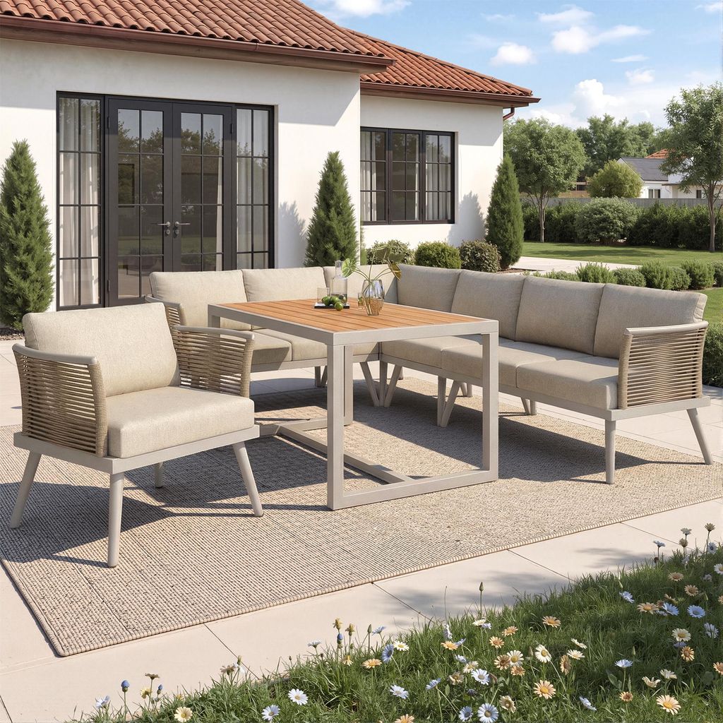 STILVORA Gartensofa-Set für 7 Personen mit geflochtenen Armlehnen, Eckgarnitur aus wetterfestem Eisen für langlebige Nutzung, Sofa mit abnehmbar ...