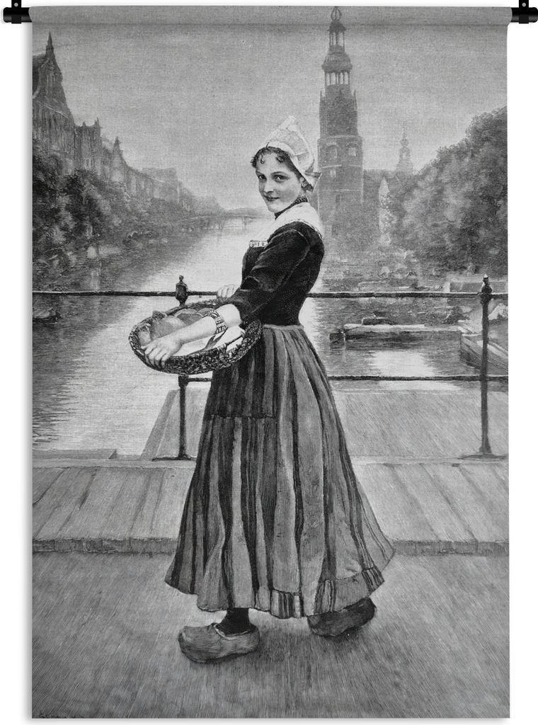 MuchoWow Wandteppich Wandbehang Schwarz-Weiß-Illustration einer Frau mit einem Korb vor einer Amsterdamer Gracht 60x90 cm Tapisserie Dekoration ...