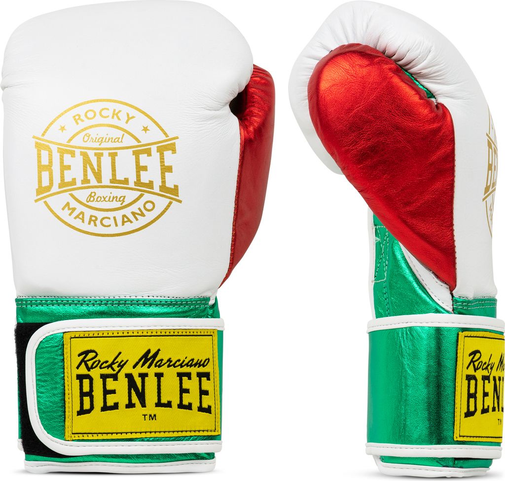 A pair of boxing gloves displayed side-by-side against a white background.